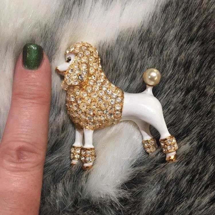Large White Enamel Poodle Brooch Pin
