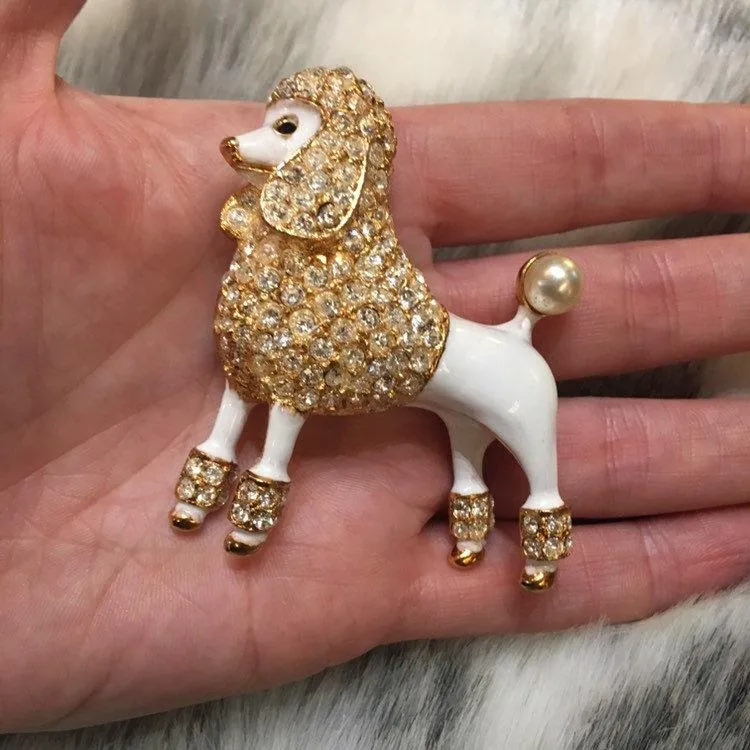 Large White Enamel Poodle Brooch Pin