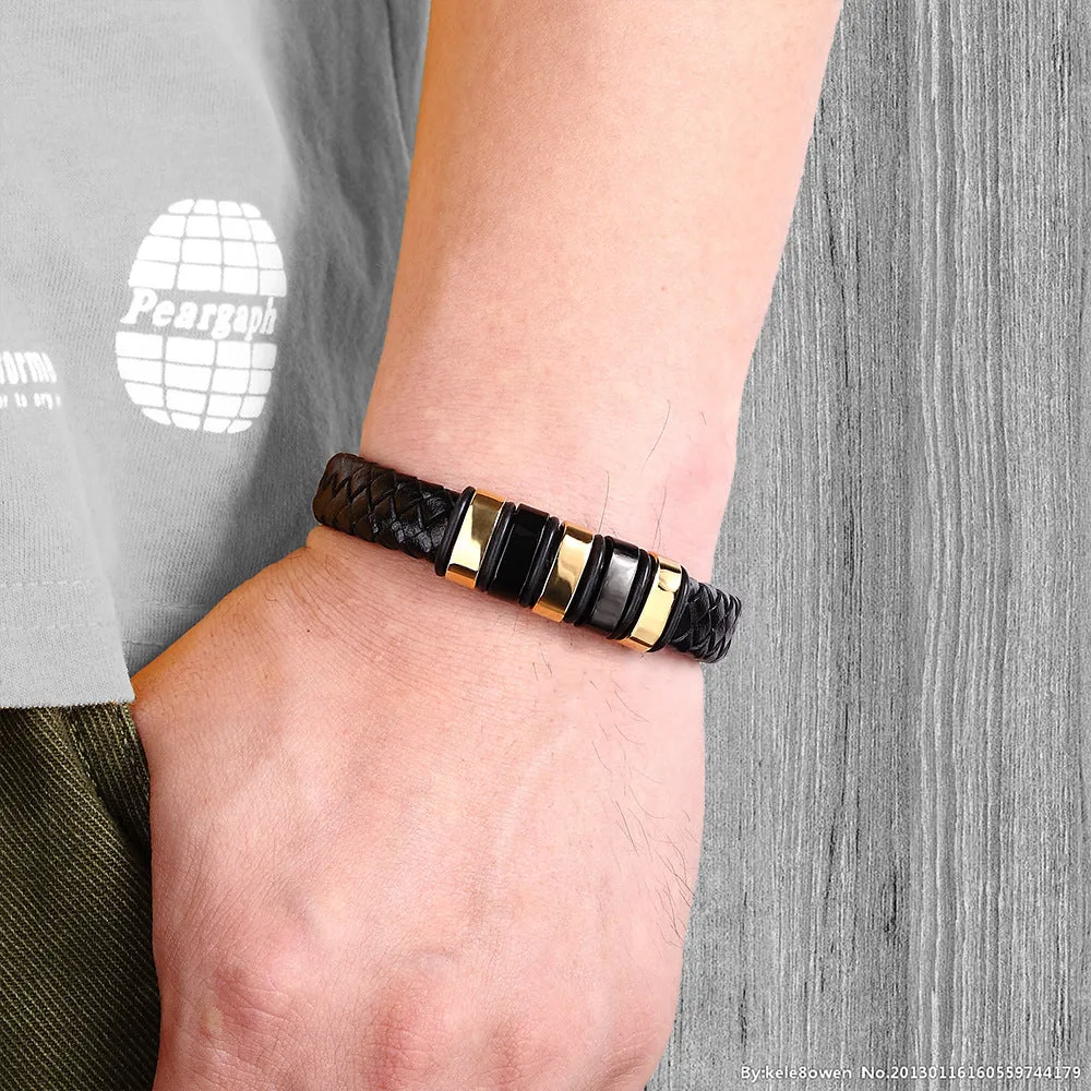 Leather Cord Bracelet Men's Stainless Steel Leather Woven Handmade Metal Leather Jewelry
