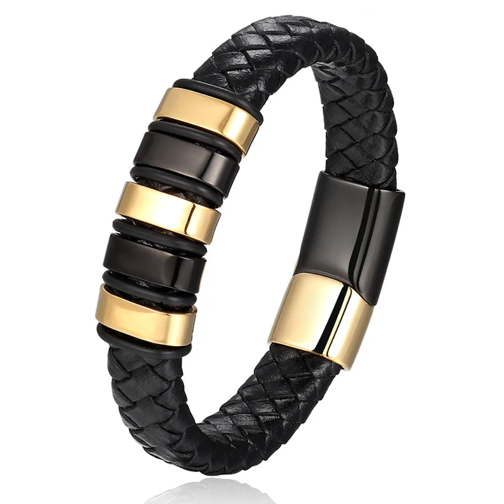 Leather Cord Bracelet Men's Stainless Steel Leather Woven Handmade Metal Leather Jewelry
