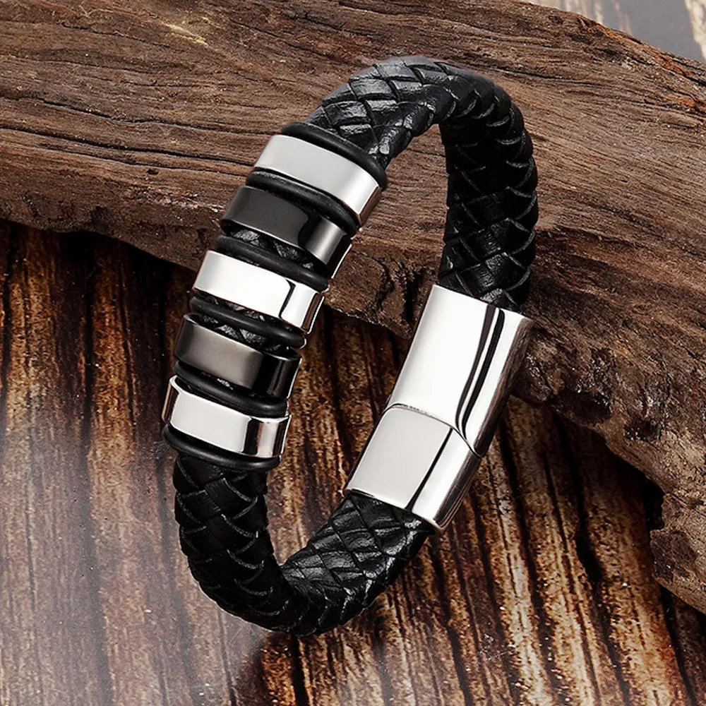 Leather Cord Bracelet Men's Stainless Steel Leather Woven Handmade Metal Leather Jewelry