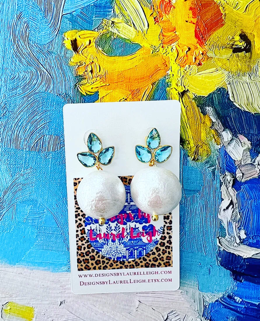 Light Blue Gemstone Pearl Drop Earrings