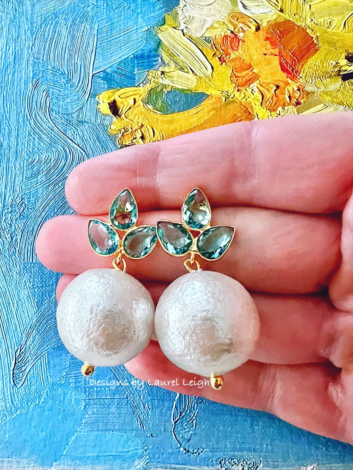 Light Blue Gemstone Pearl Drop Earrings