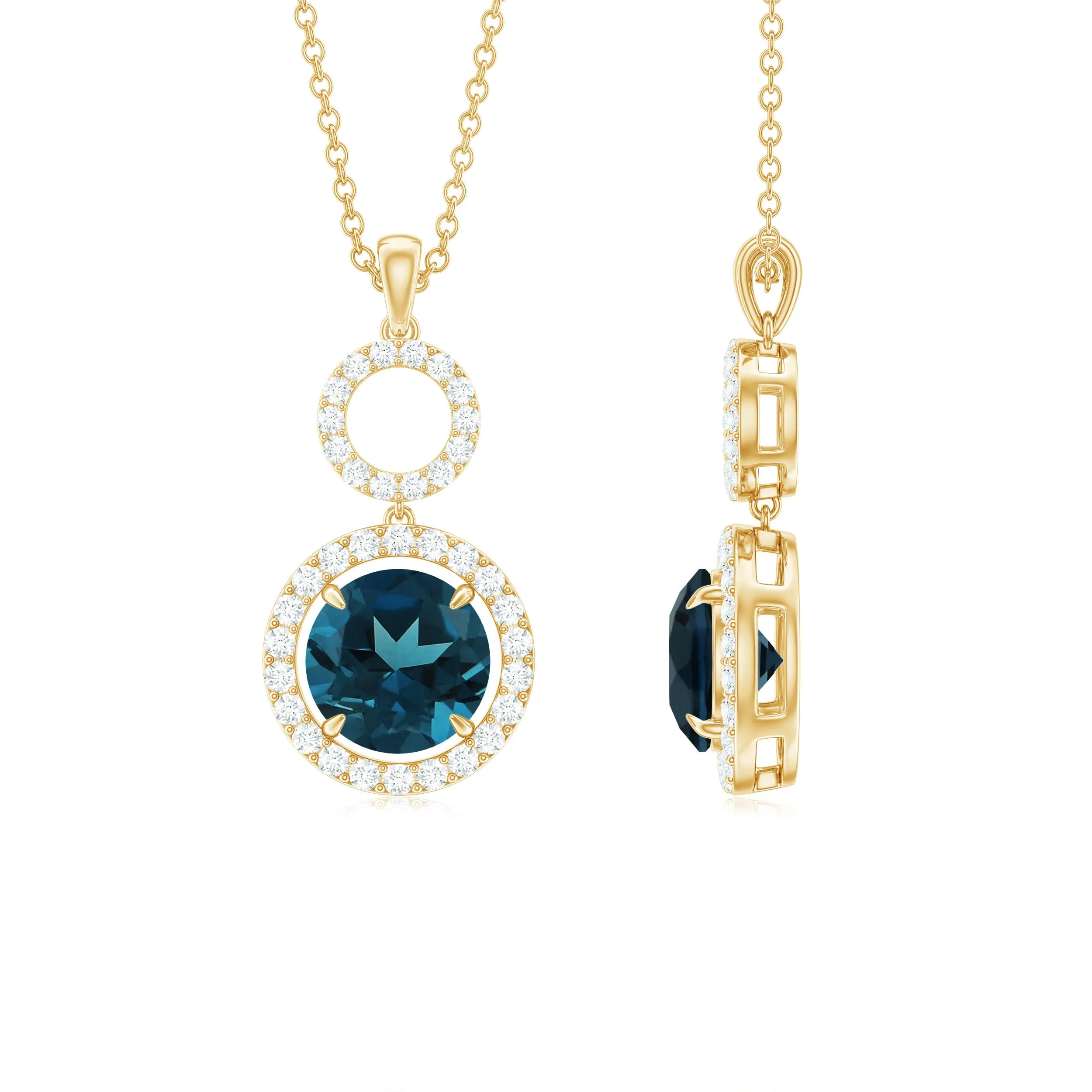 London Blue Topaz and Diamond Halo Dangle Pendant
