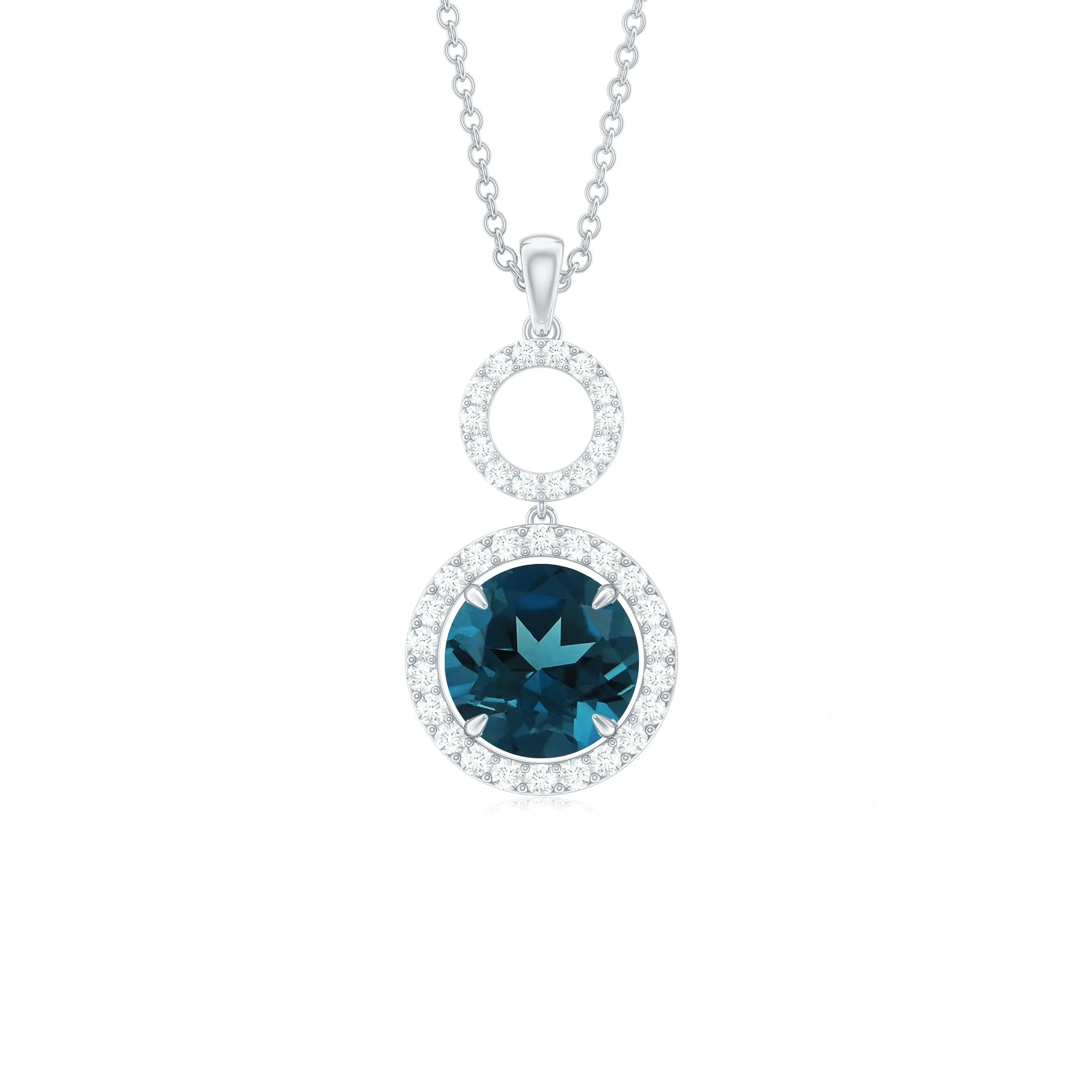 London Blue Topaz and Diamond Halo Dangle Pendant
