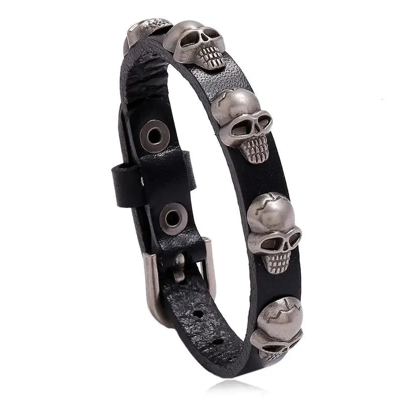 Marshal Punk Skull Leather Bracelet Hip Hop Jewelry for Men Adjustable Vintage Bracelets