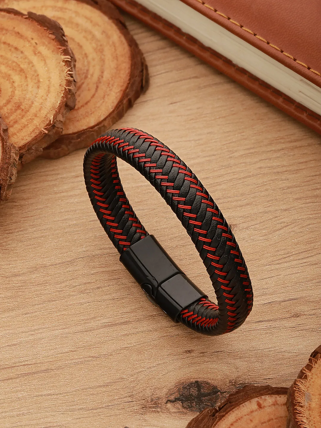 Men Black & Red Leather Wraparound Bracelet