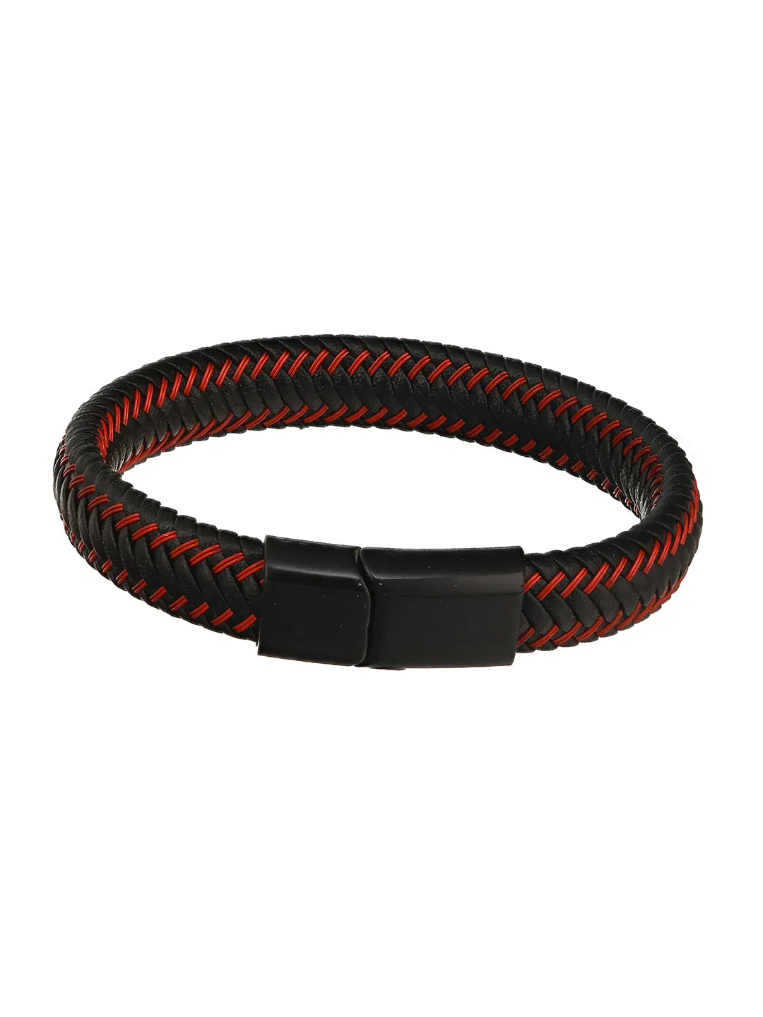 Men Black & Red Leather Wraparound Bracelet