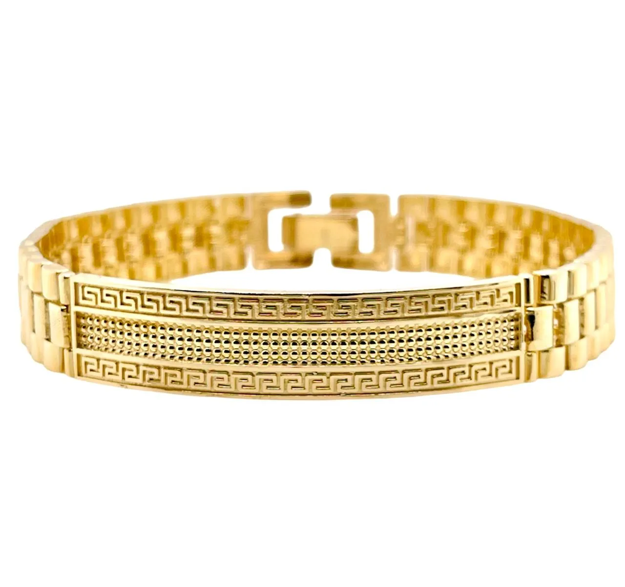 Mens 14K Solid Yellow Gold Greek Key Jubilee link ID Bracelet 39.5 Grams 8.5 in