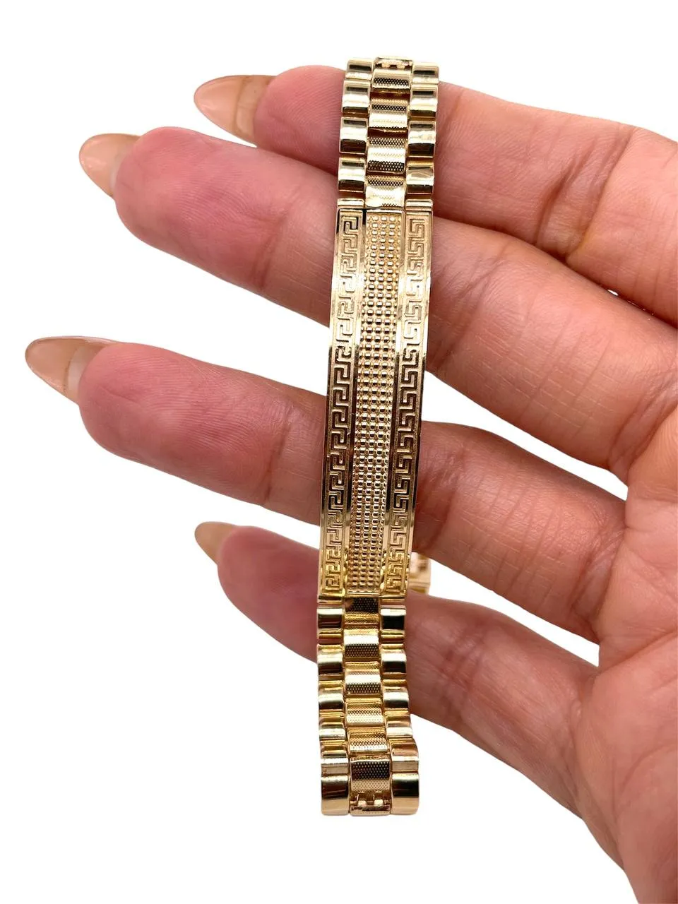 Mens 14K Solid Yellow Gold Greek Key Jubilee link ID Bracelet 39.5 Grams 8.5 in