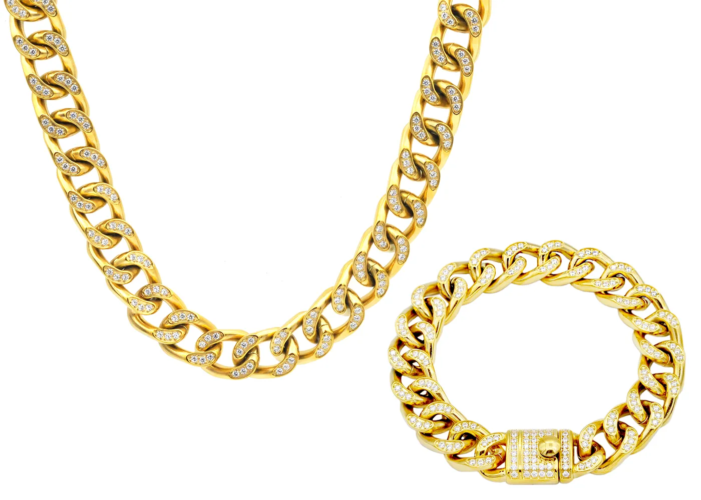 Mens Gold Plated Stainless Steel Curb Link Chain Set With Cubic Zirconia