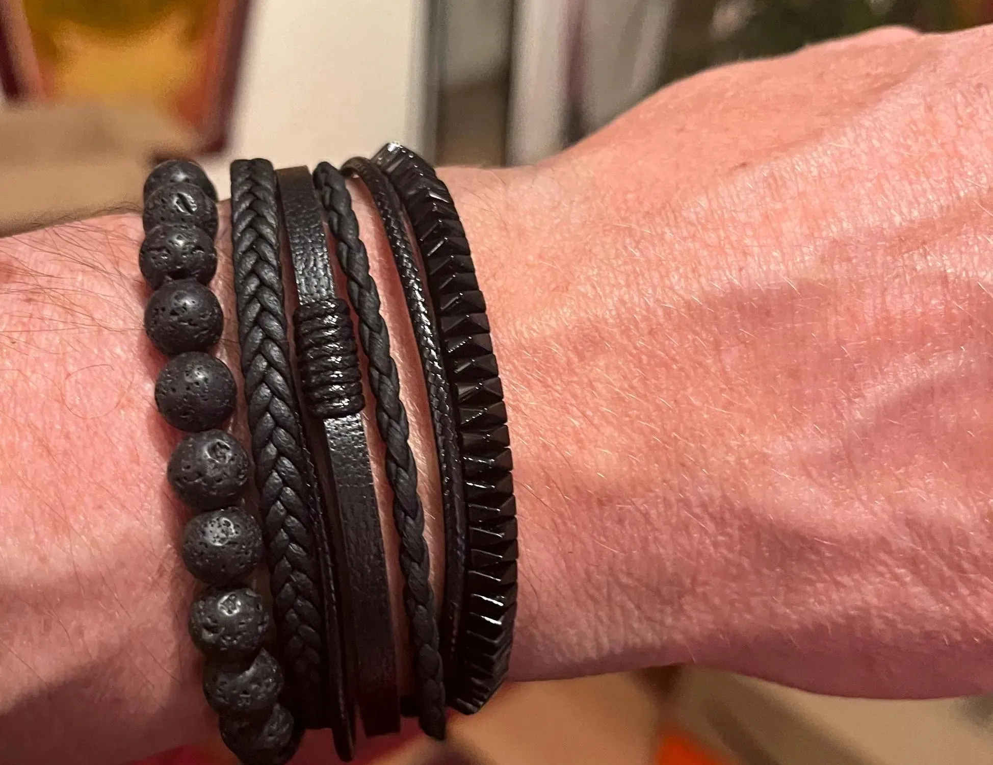 Men’s Natural Black Hematite Stone Pyramid Beaded Bracelet, Lava Natural Stone Elastic Bracelet 8mm, Leather Bracelet, Set of 3 Gift Ideas