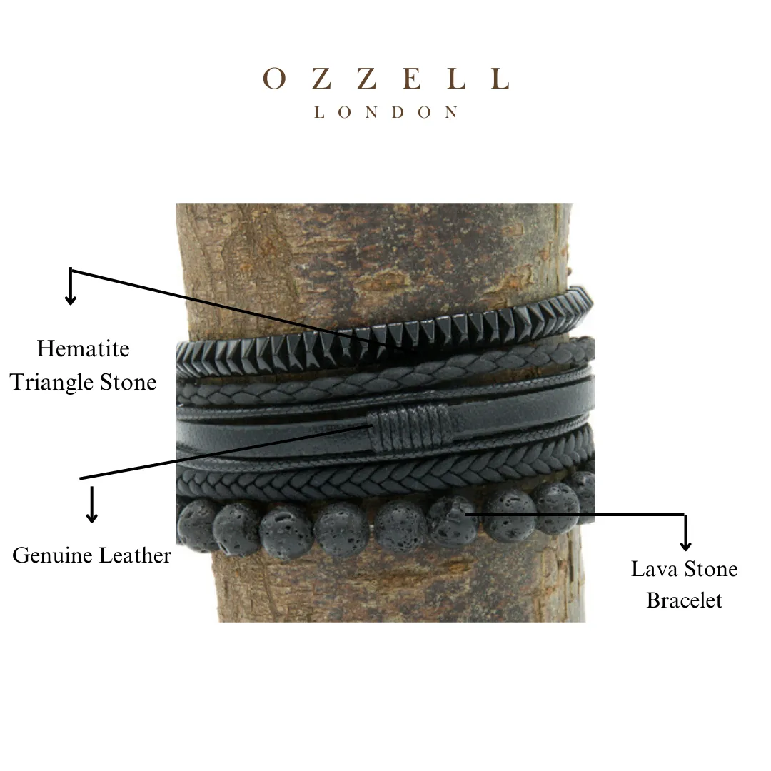 Men’s Natural Black Hematite Stone Pyramid Beaded Bracelet, Lava Natural Stone Elastic Bracelet 8mm, Leather Bracelet, Set of 3 Gift Ideas