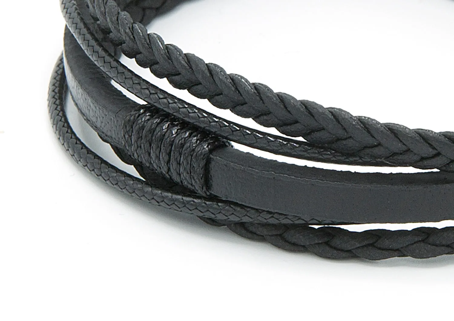 Men’s Natural Black Hematite Stone Pyramid Beaded Bracelet, Lava Natural Stone Elastic Bracelet 8mm, Leather Bracelet, Set of 3 Gift Ideas