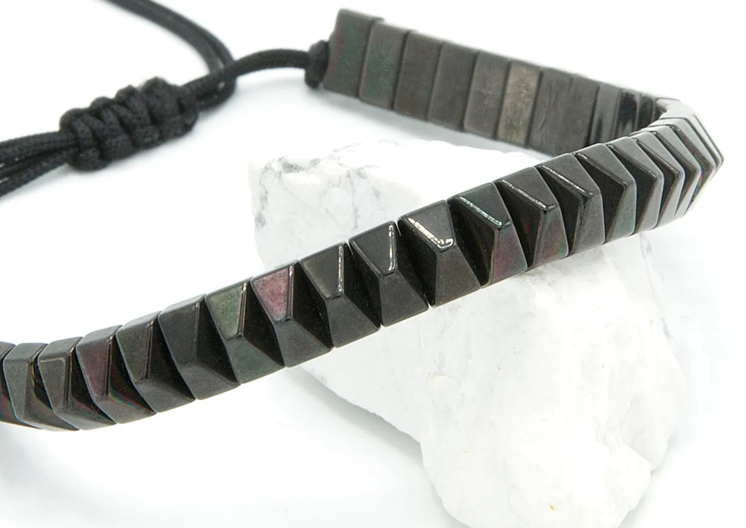 Men’s Natural Black Hematite Stone Pyramid Beaded Bracelet, Lava Natural Stone Elastic Bracelet 8mm, Leather Bracelet, Set of 3 Gift Ideas