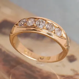 Midcentury c. 1951 English 18k Gold Old Mine Cut Diamond Five Stone Boat Engagement Ring