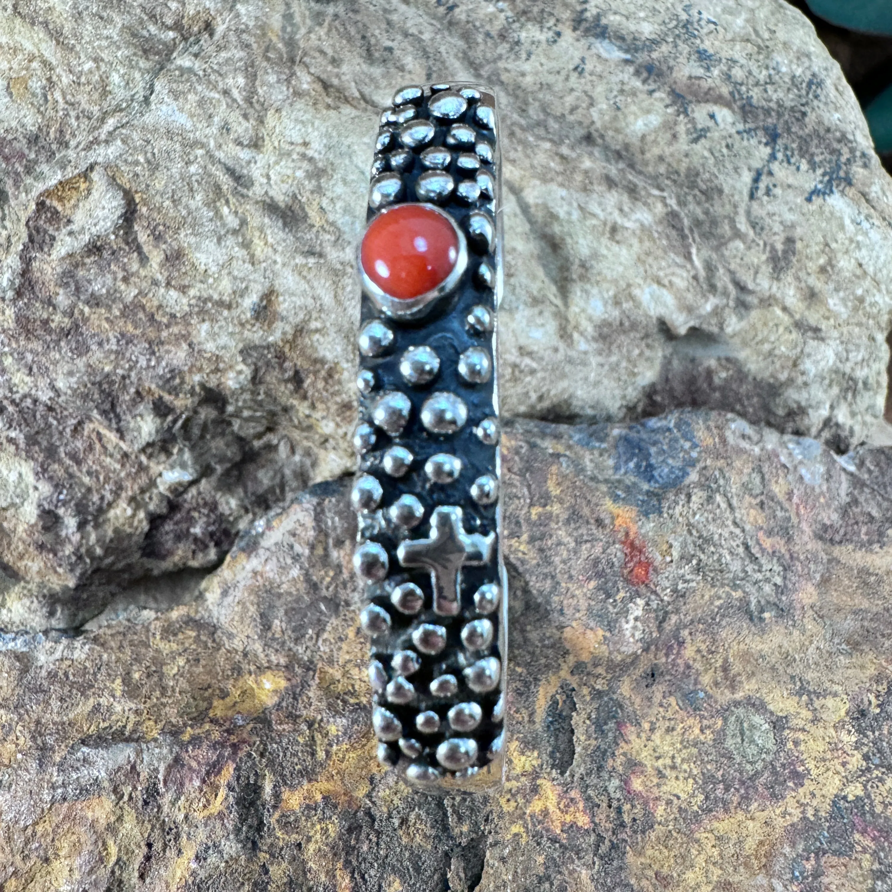 Million Drops Red Coral & Cross Sterling Silver Cuff Bracelet by Ray Coriz