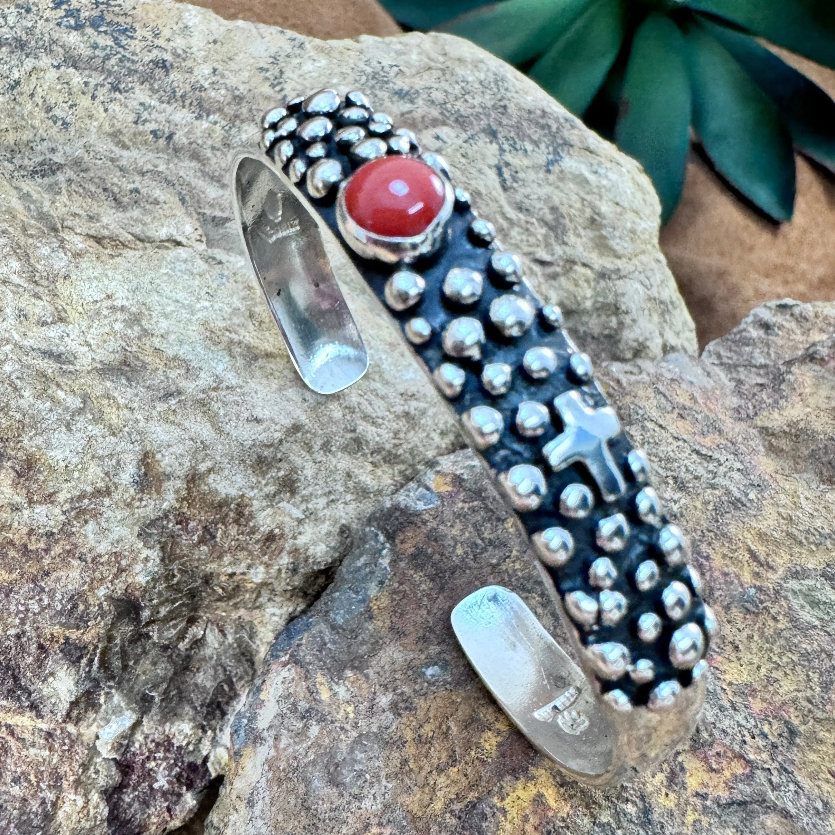 Million Drops Red Coral & Cross Sterling Silver Cuff Bracelet by Ray Coriz