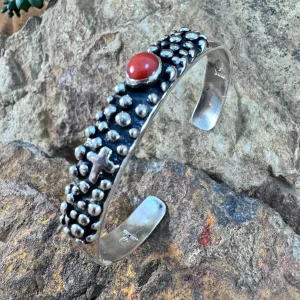 Million Drops Red Coral & Cross Sterling Silver Cuff Bracelet by Ray Coriz
