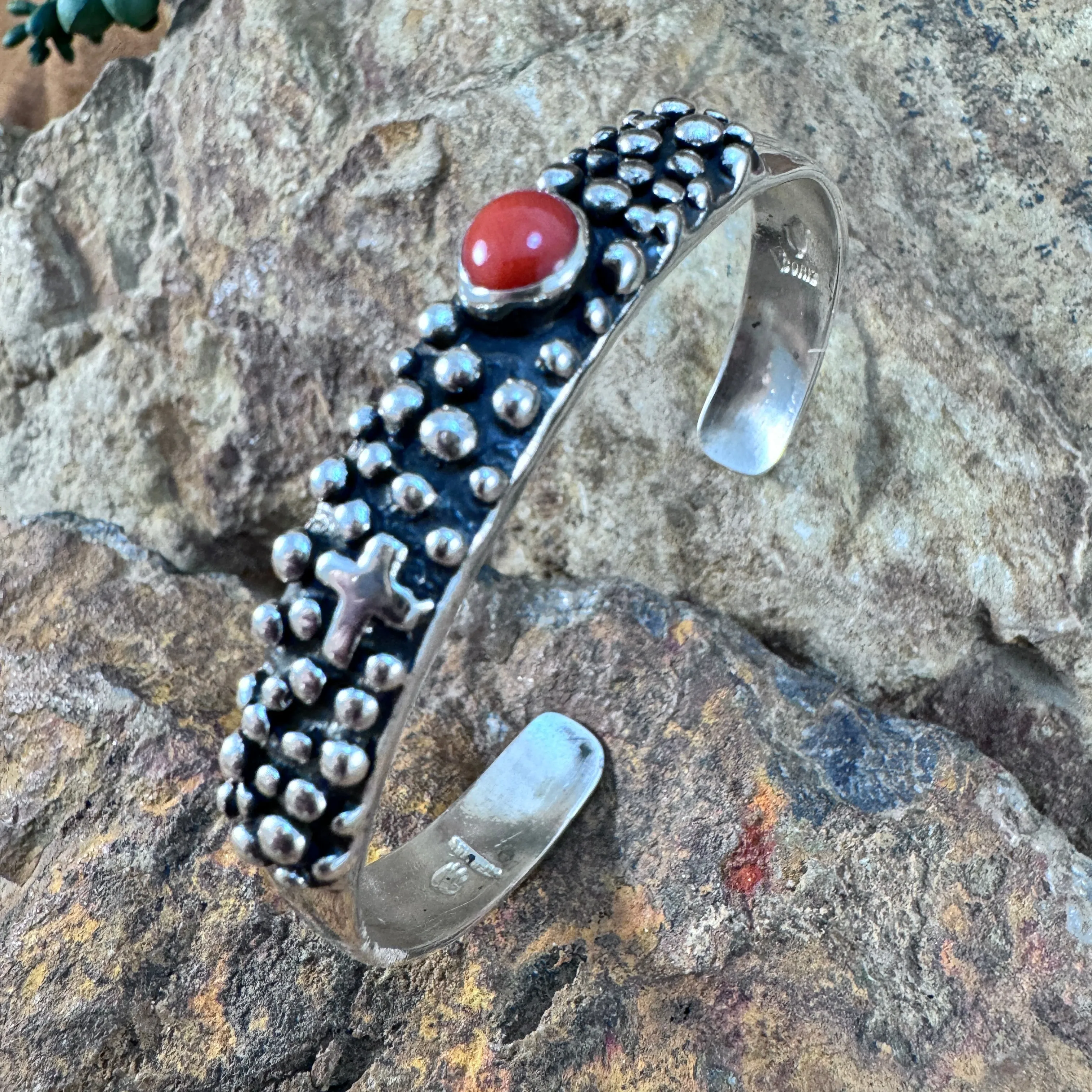 Million Drops Red Coral & Cross Sterling Silver Cuff Bracelet by Ray Coriz