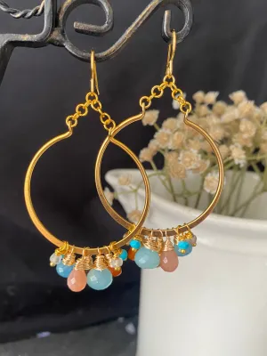 Mixed gemstones, wire wrapping, gold hoop earrings