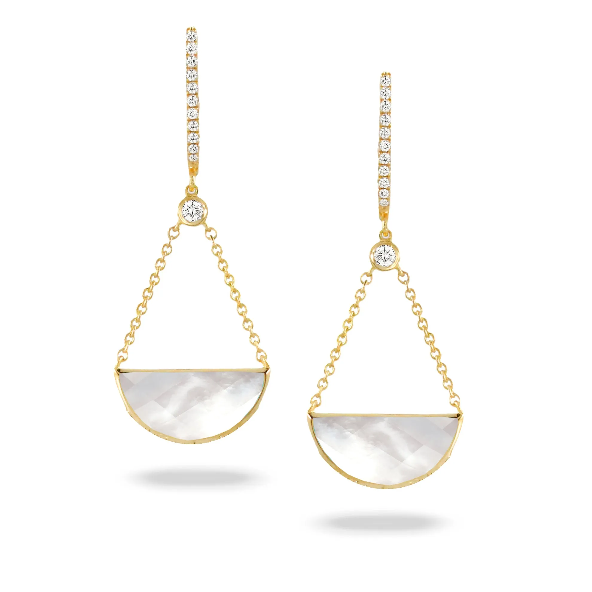 Mother of Pearl, Quartz and Diamond Chain Drop Earrings