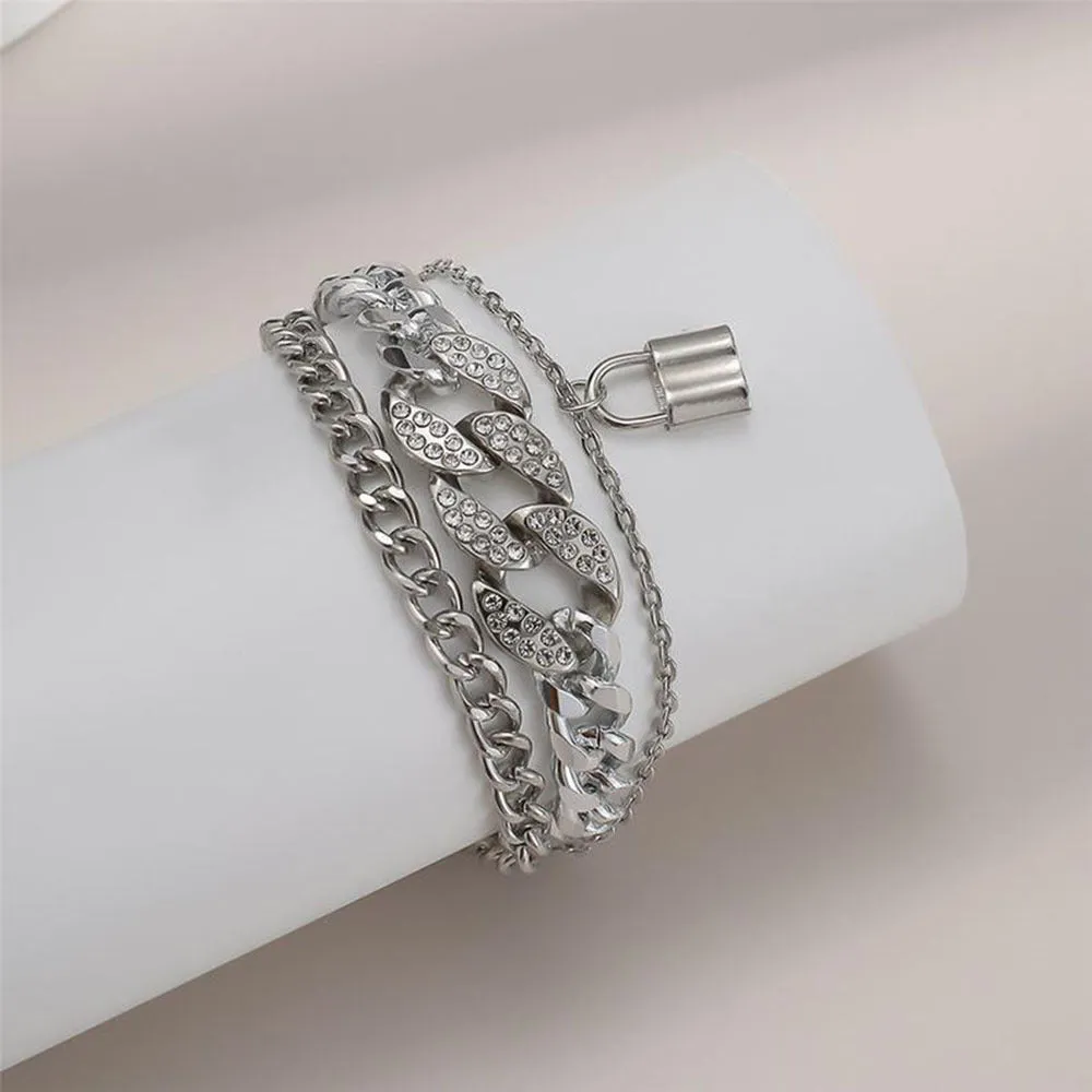 Multi-layer Micro Diamond Lock Pendant Bracelet