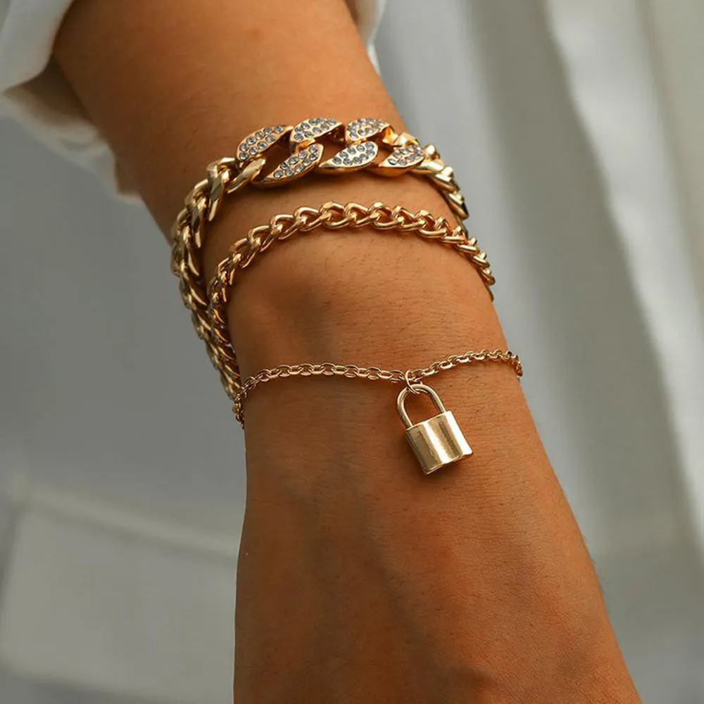 Multi-layer Micro Diamond Lock Pendant Bracelet