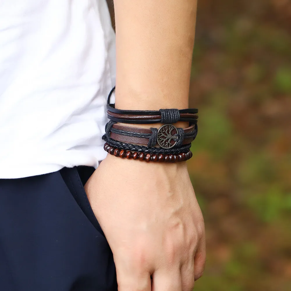 Multi-layer Three-piece Hand-woven Retro Style Bracelet Peace Tree Life Tree Leather Bracelet