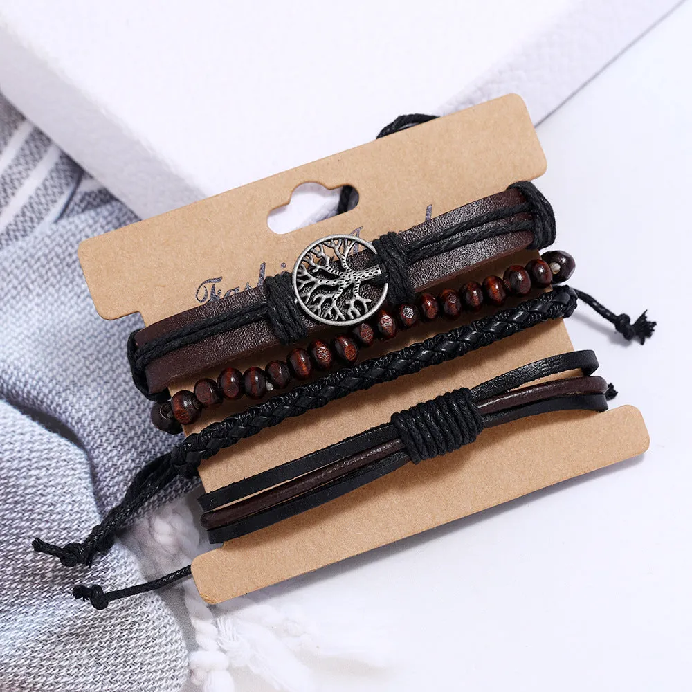 Multi-layer Three-piece Hand-woven Retro Style Bracelet Peace Tree Life Tree Leather Bracelet