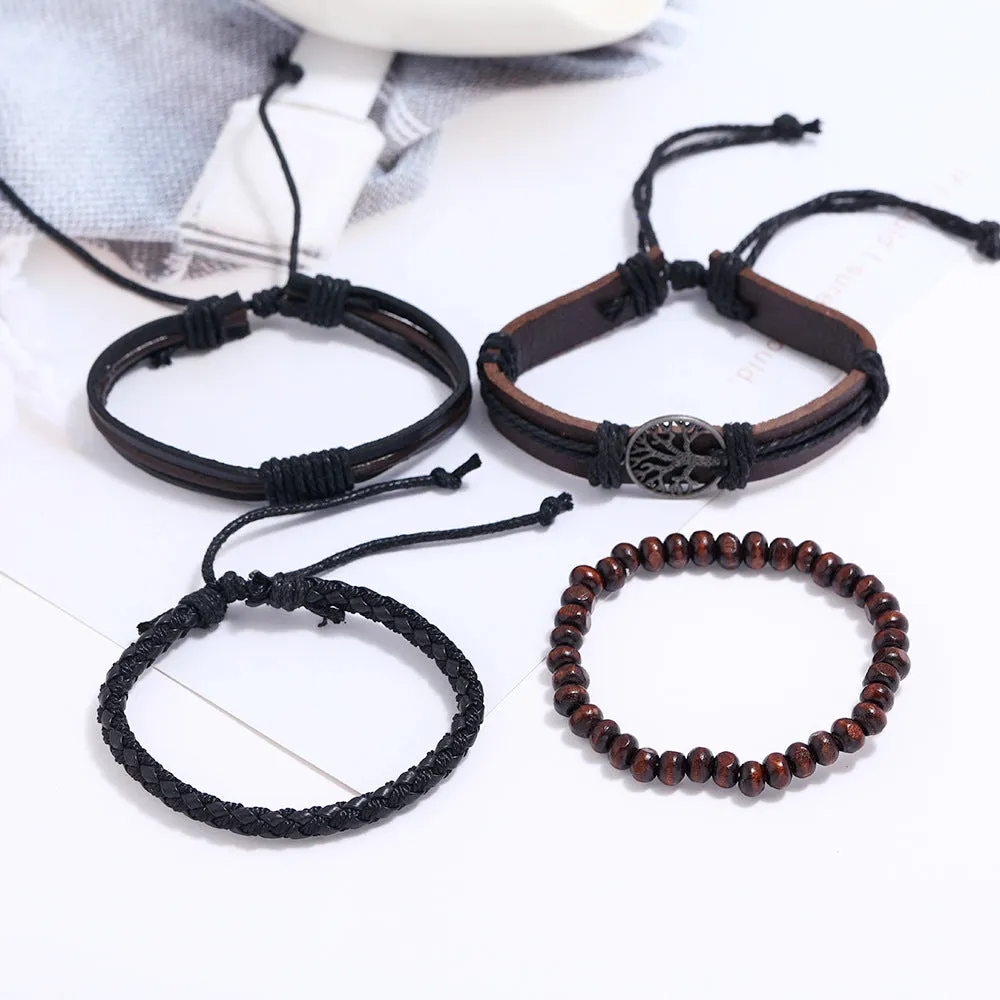 Multi-layer Three-piece Hand-woven Retro Style Bracelet Peace Tree Life Tree Leather Bracelet