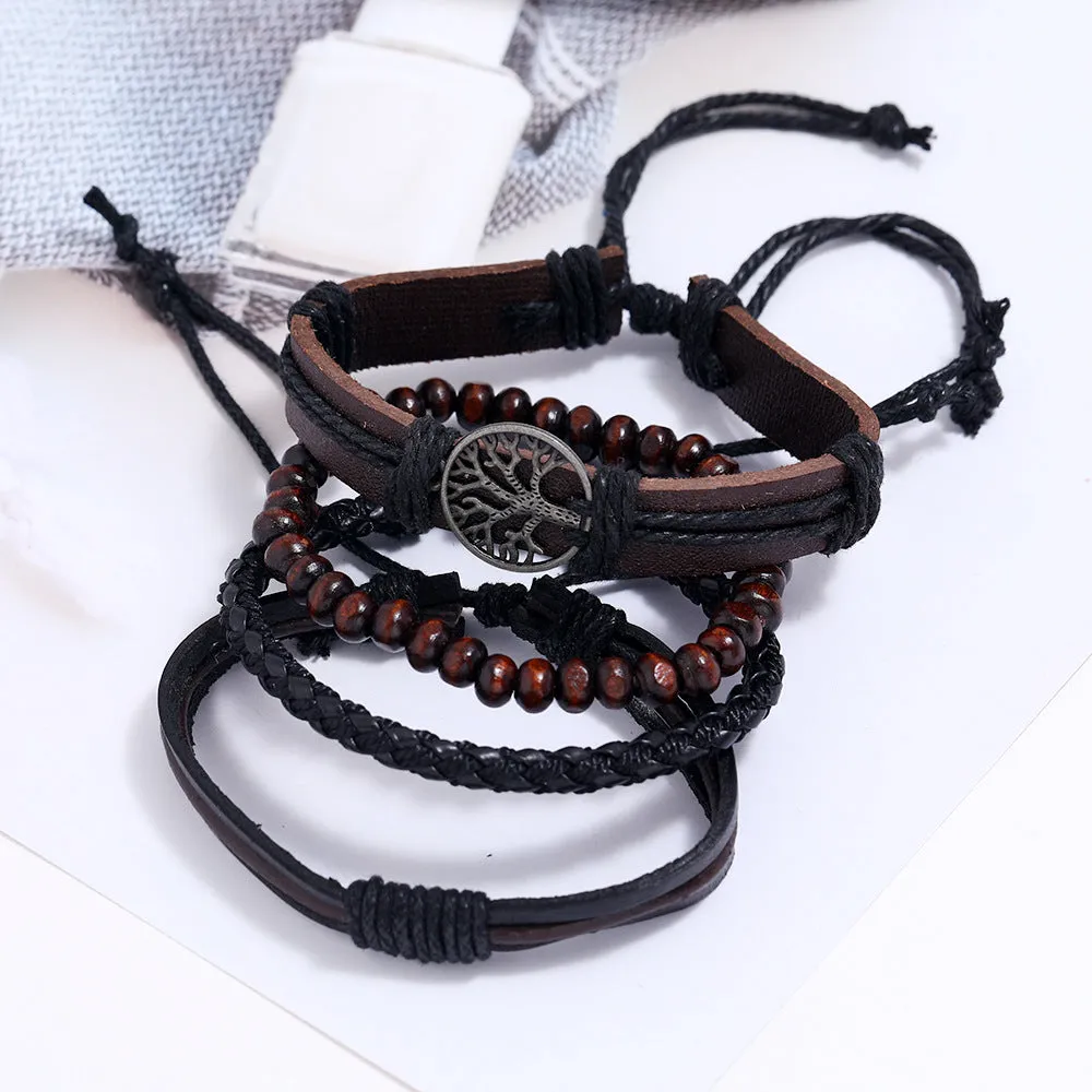 Multi-layer Three-piece Hand-woven Retro Style Bracelet Peace Tree Life Tree Leather Bracelet