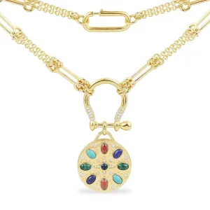 Multicolor Stone Medal Necklace - Yellow Silver