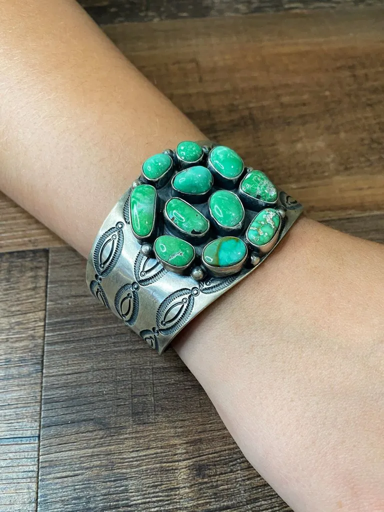 Native American Jewelry Sterling Silver Carico Turquoise Cluster Bracelet