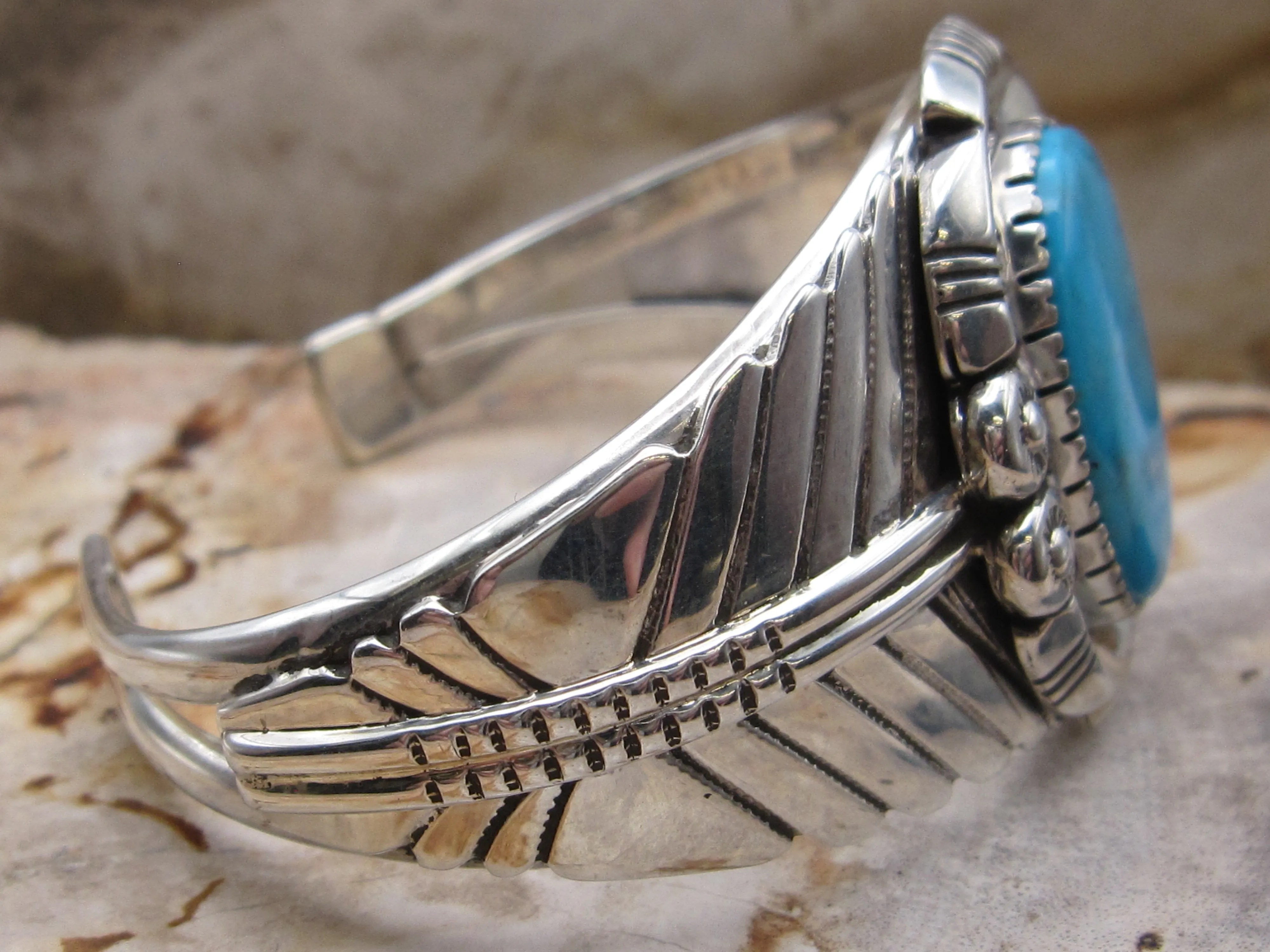 Native American Made Beautiful Blue Turquoise and Sterling Silver Cuff Bracelet by Charles Draper