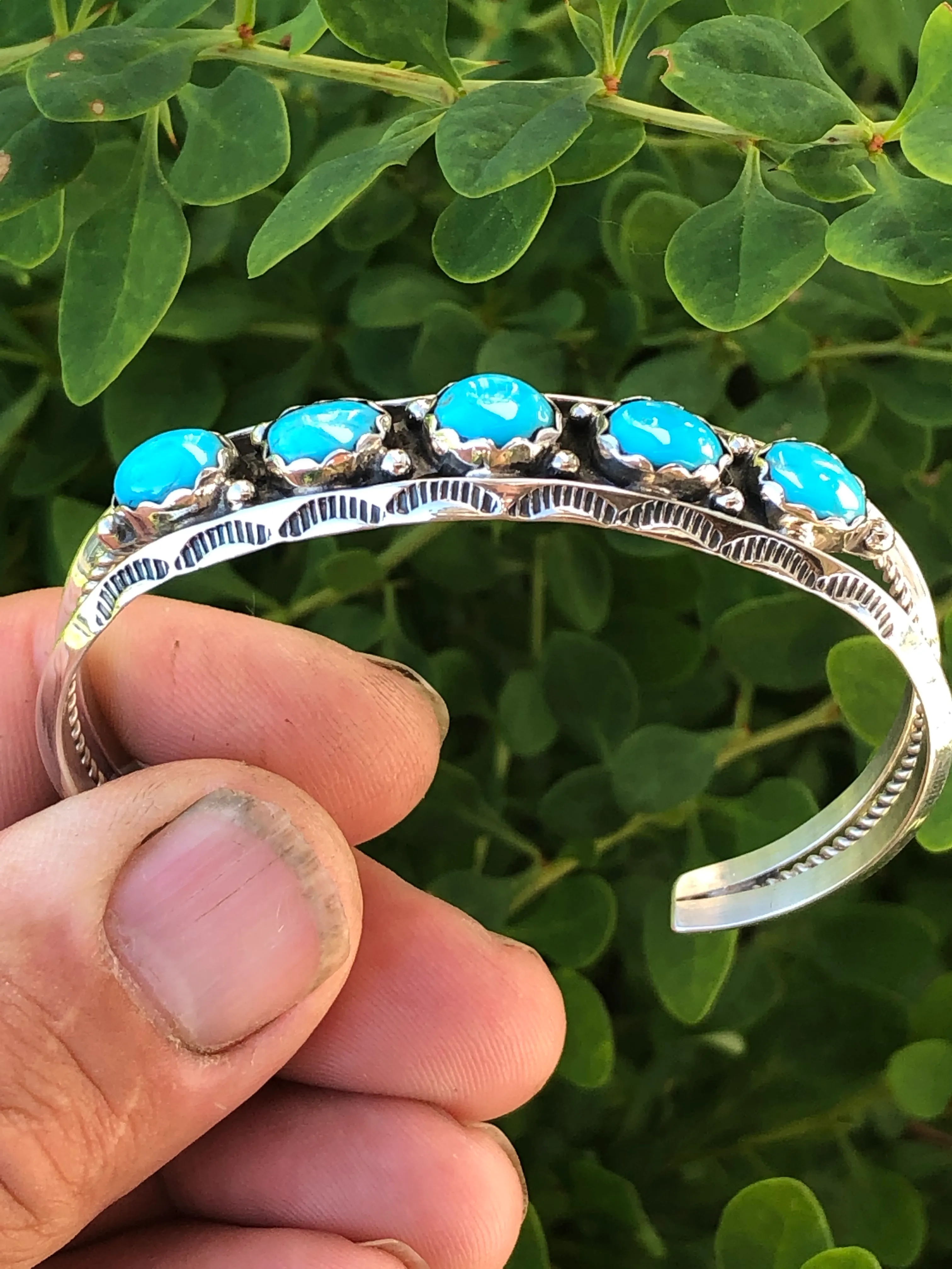 Navajo 5 Turquoise stone Stamped Sterling silver Bracelet