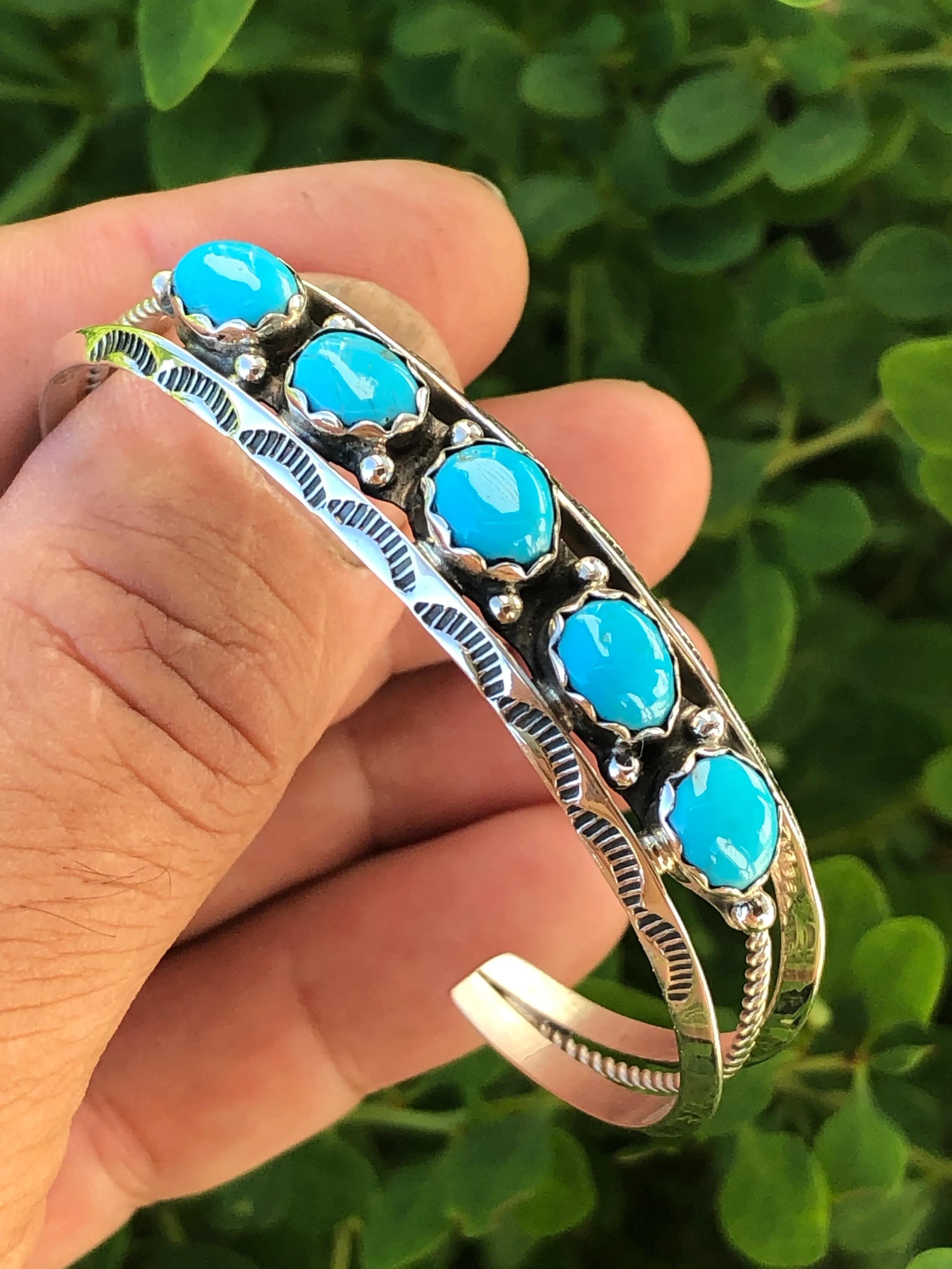 Navajo 5 Turquoise stone Stamped Sterling silver Bracelet