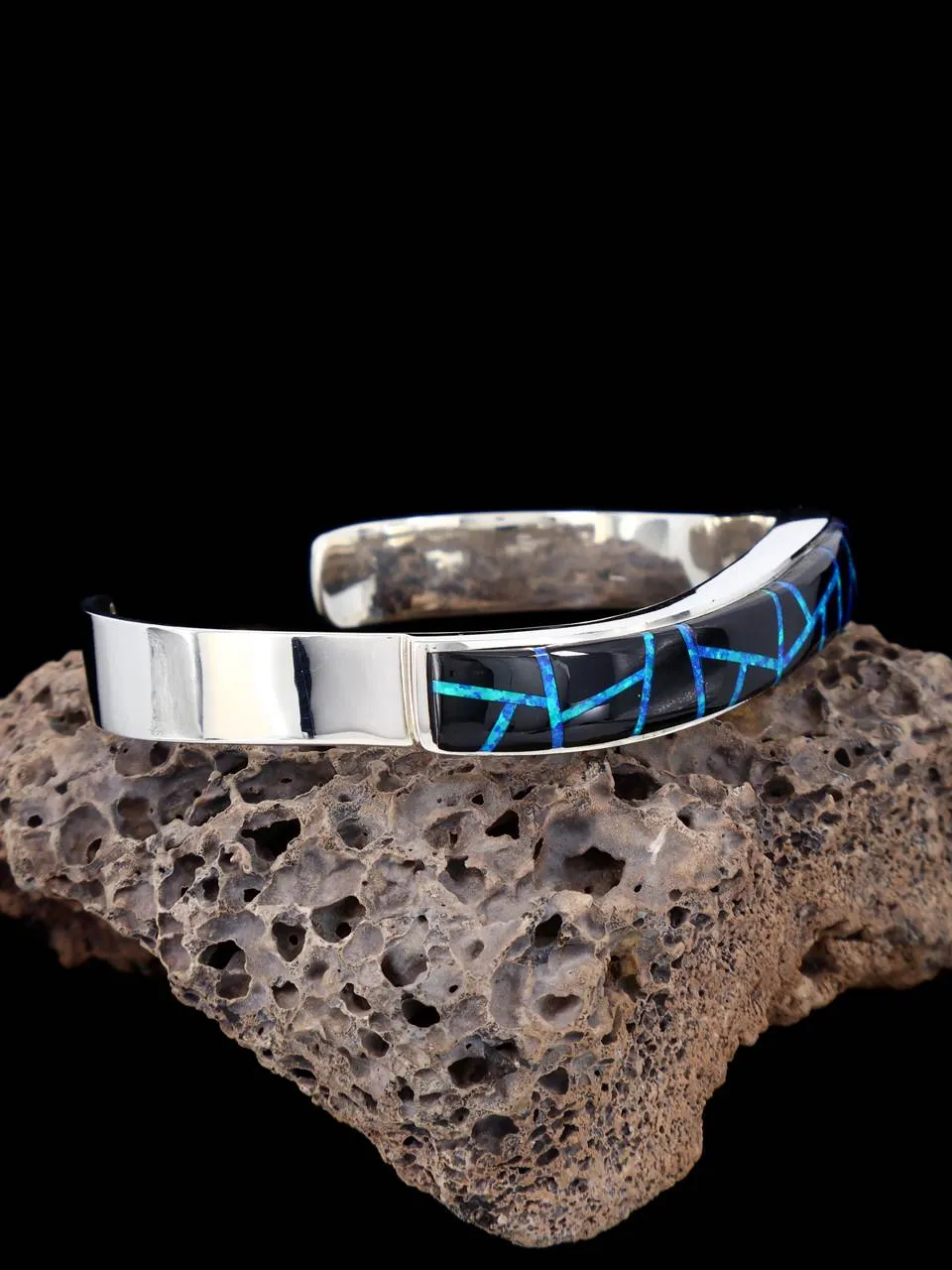 Navajo Sterling Silver Black Jade and Opalite Inlay Bracelet