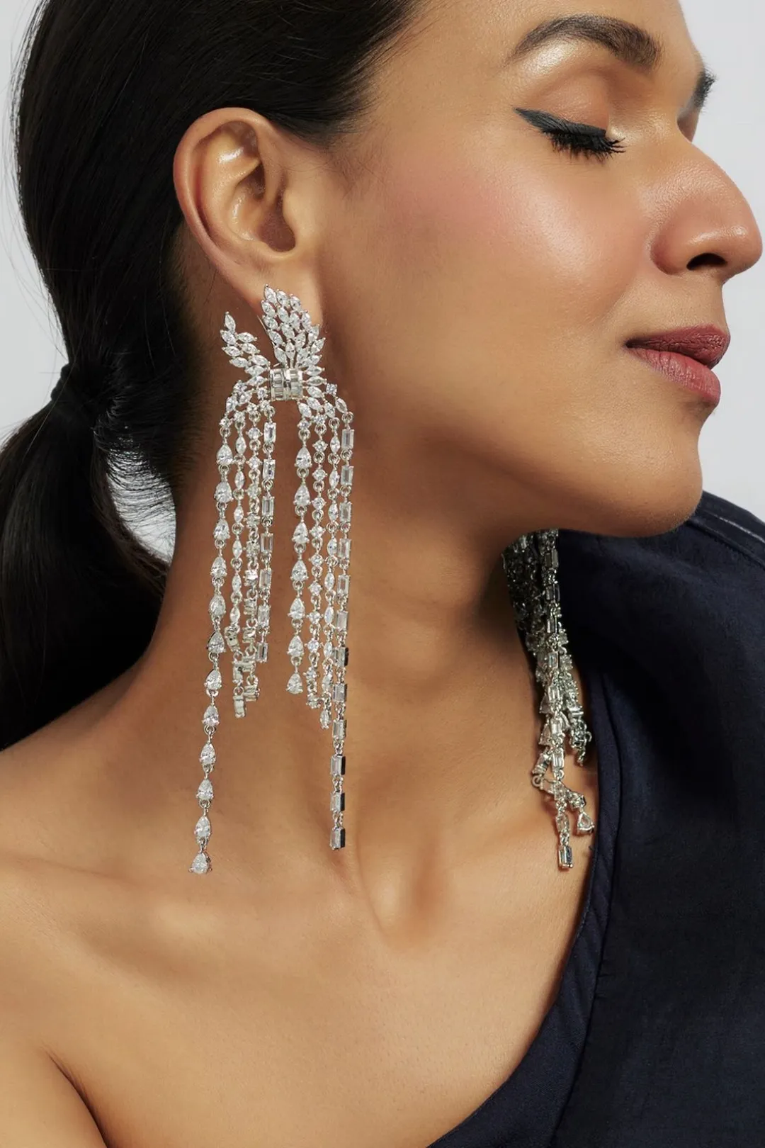 Nikita- Rhodium Plated Cascading Chandelier Statement Earrings