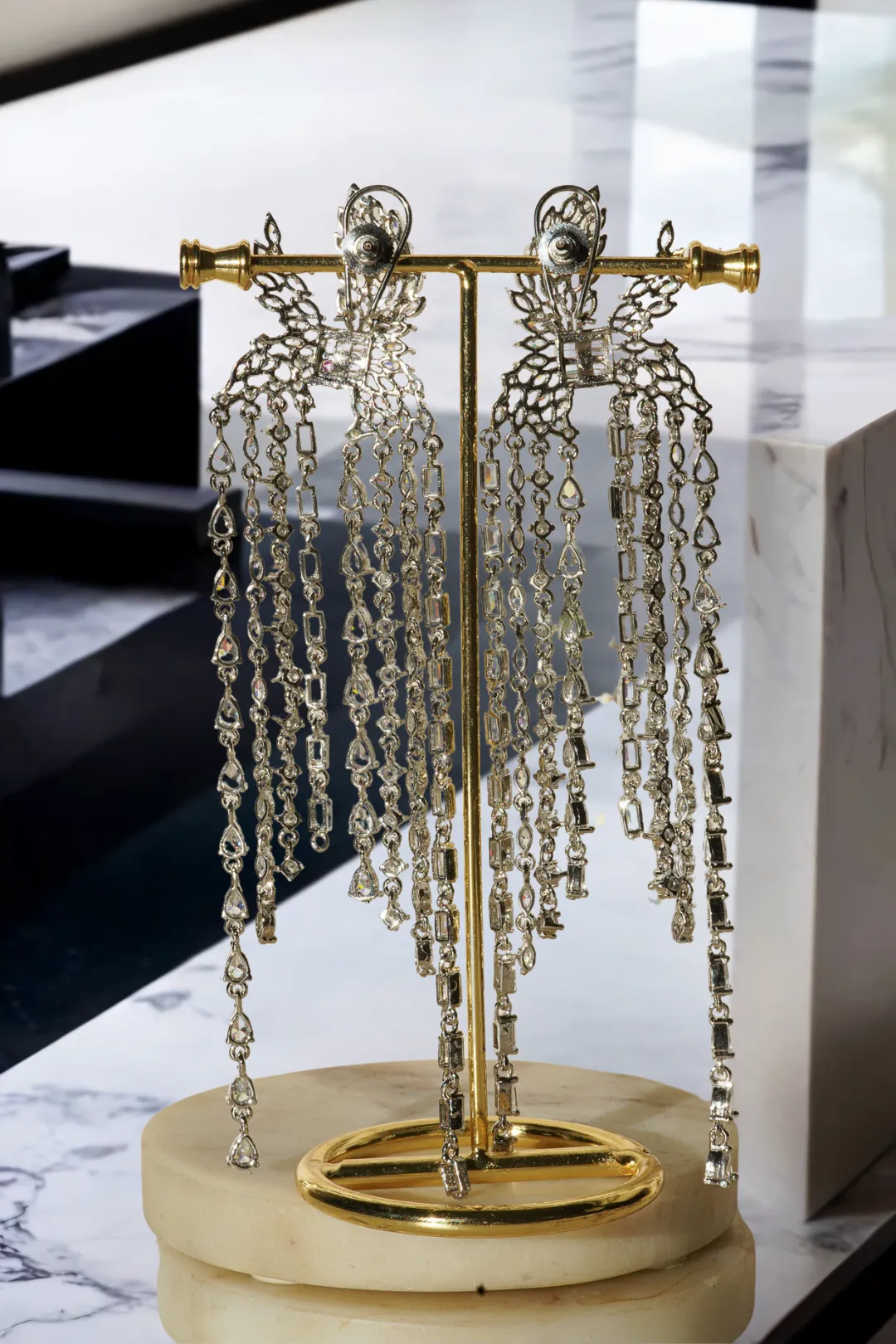 Nikita- Rhodium Plated Cascading Chandelier Statement Earrings