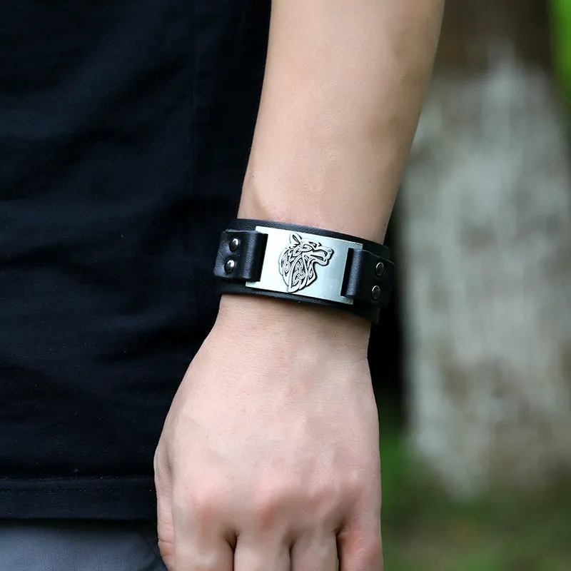 Nordic Viking Cowhide Bracelet Celtic Wolf Head Male