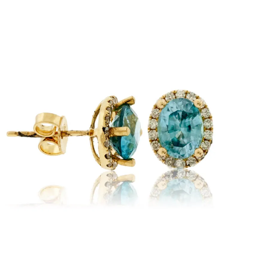 Oval Blue Zircon & Diamond Halo Stud Post Earrings