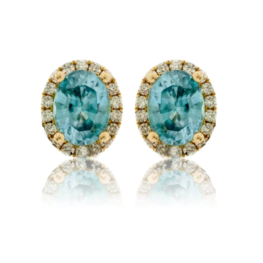 Oval Blue Zircon & Diamond Halo Stud Post Earrings
