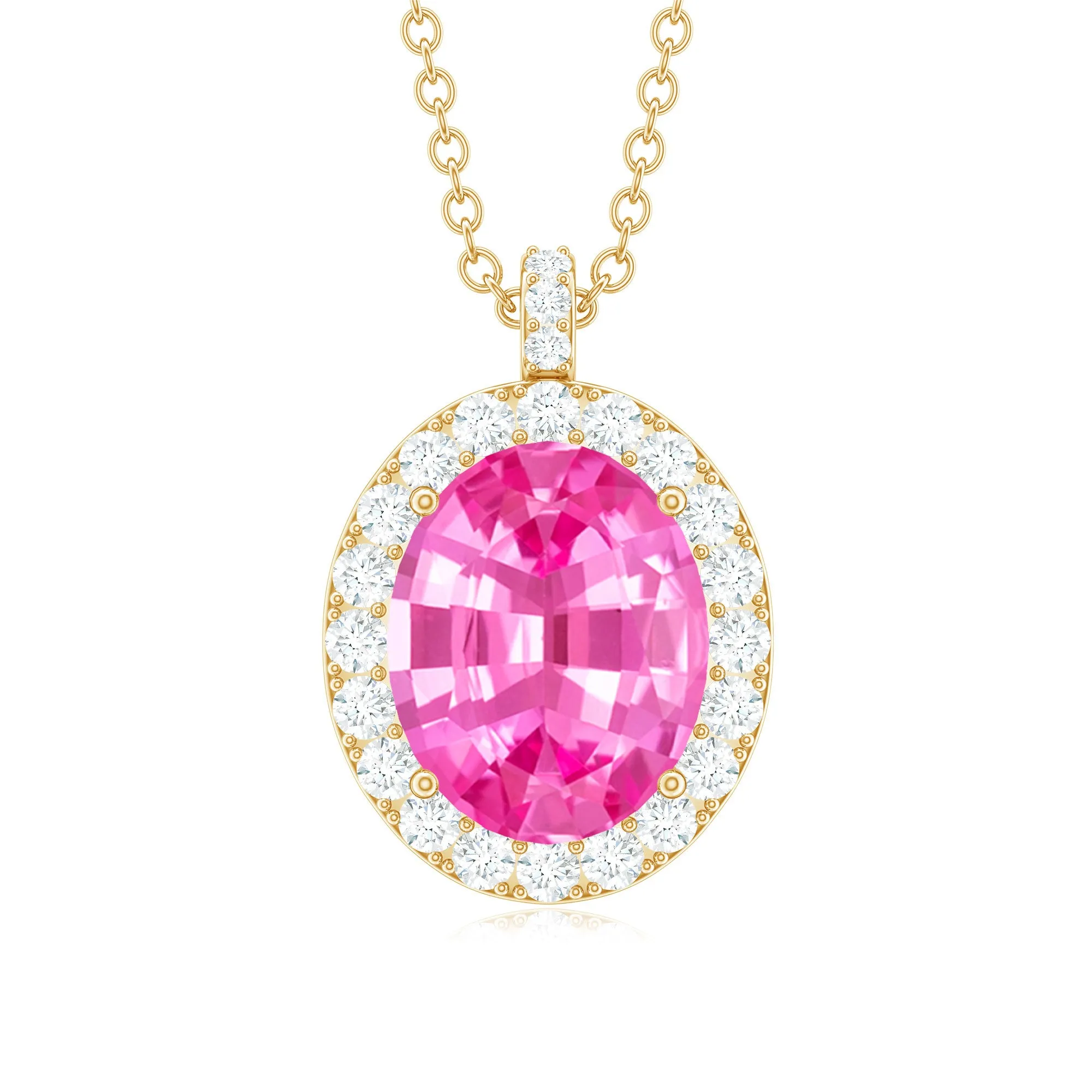 Oval Created Pink Sapphire Halo Pendant with Diamond