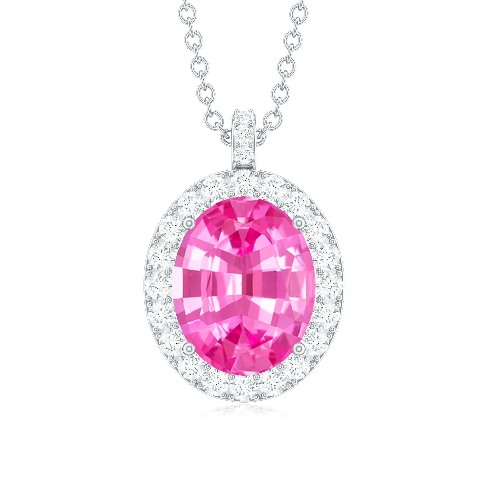 Oval Created Pink Sapphire Halo Pendant with Diamond