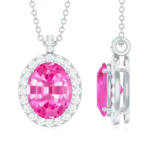 Oval Created Pink Sapphire Halo Pendant with Diamond