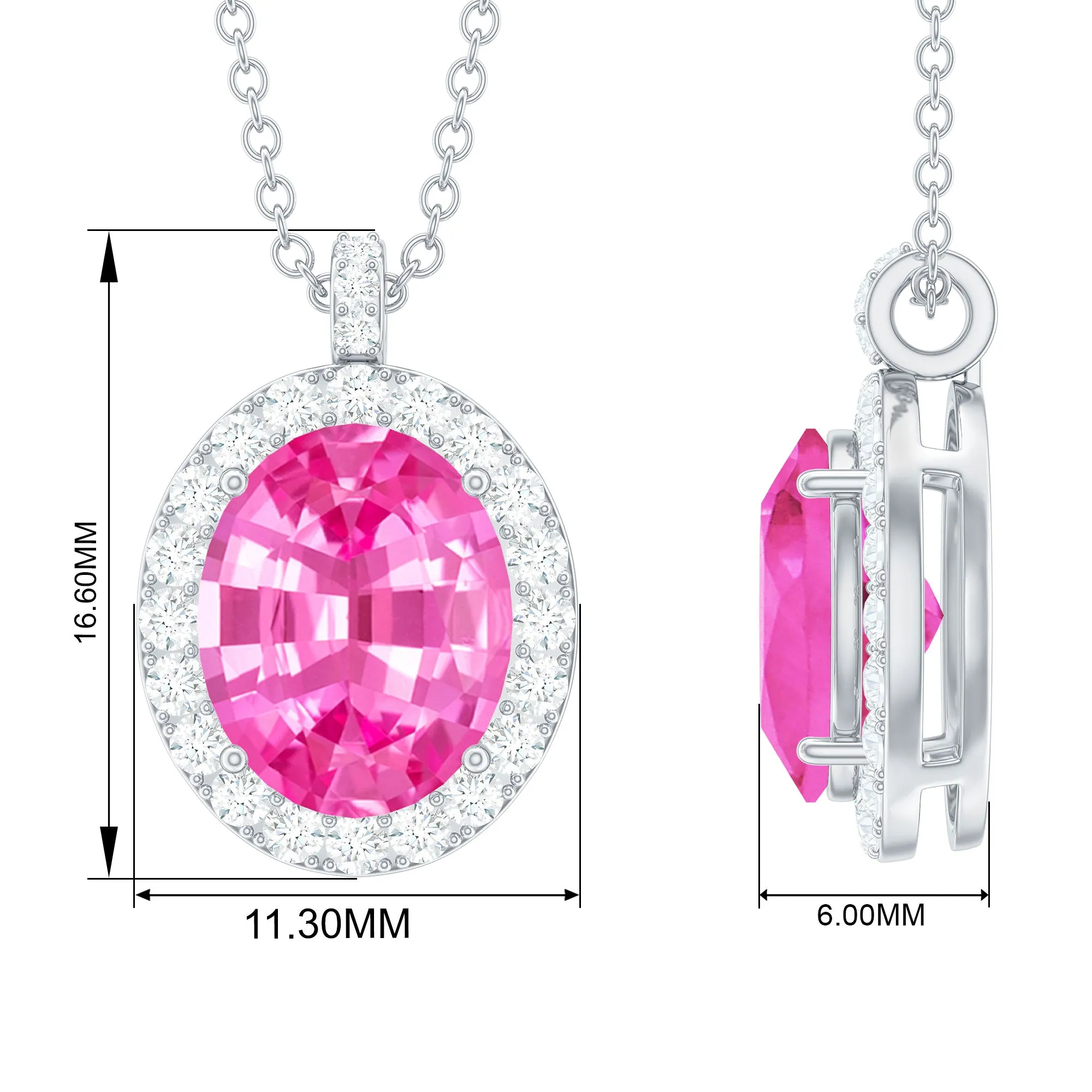 Oval Created Pink Sapphire Halo Pendant with Diamond