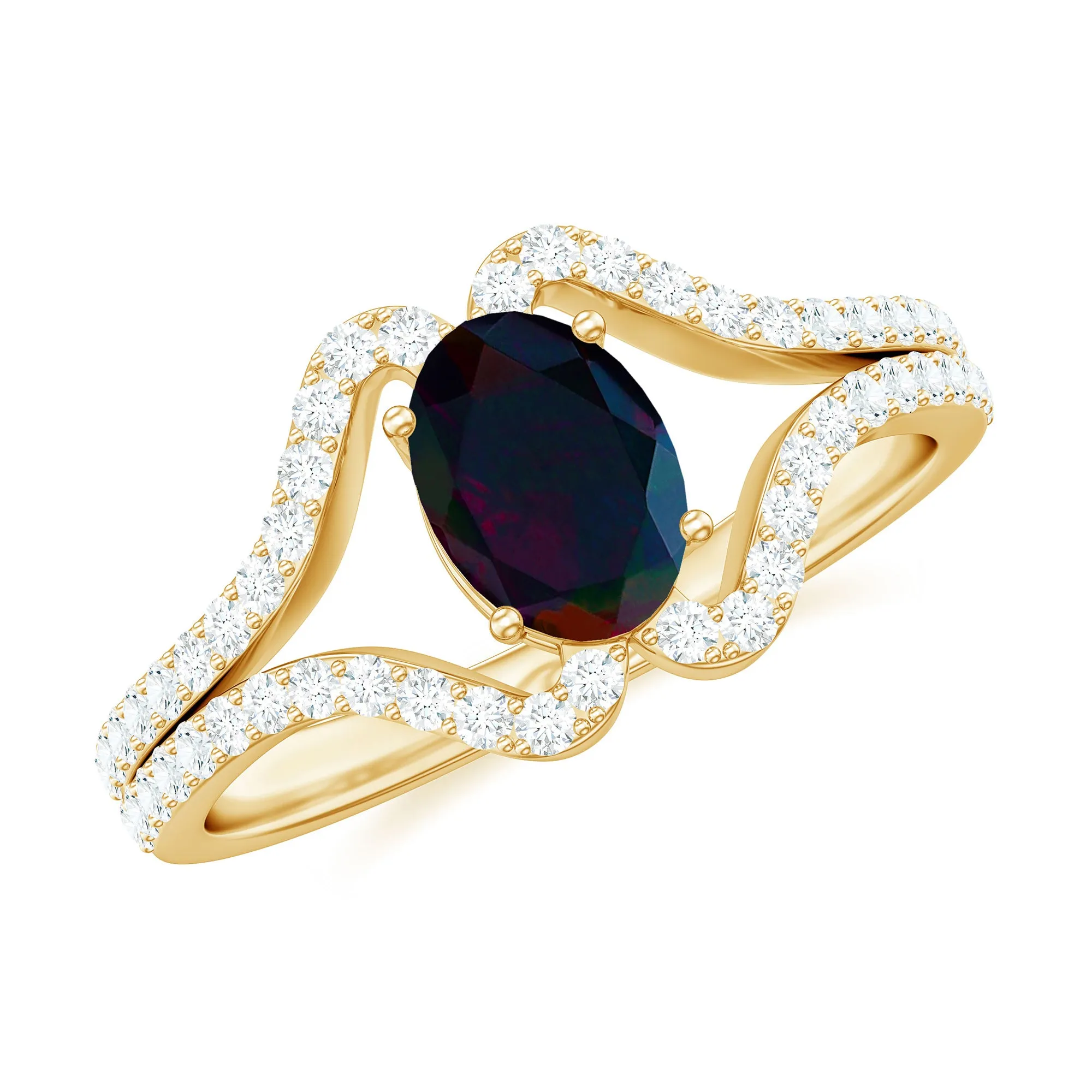 Oval Cut Black Opal and Diamond Split Shank Engagement Ring