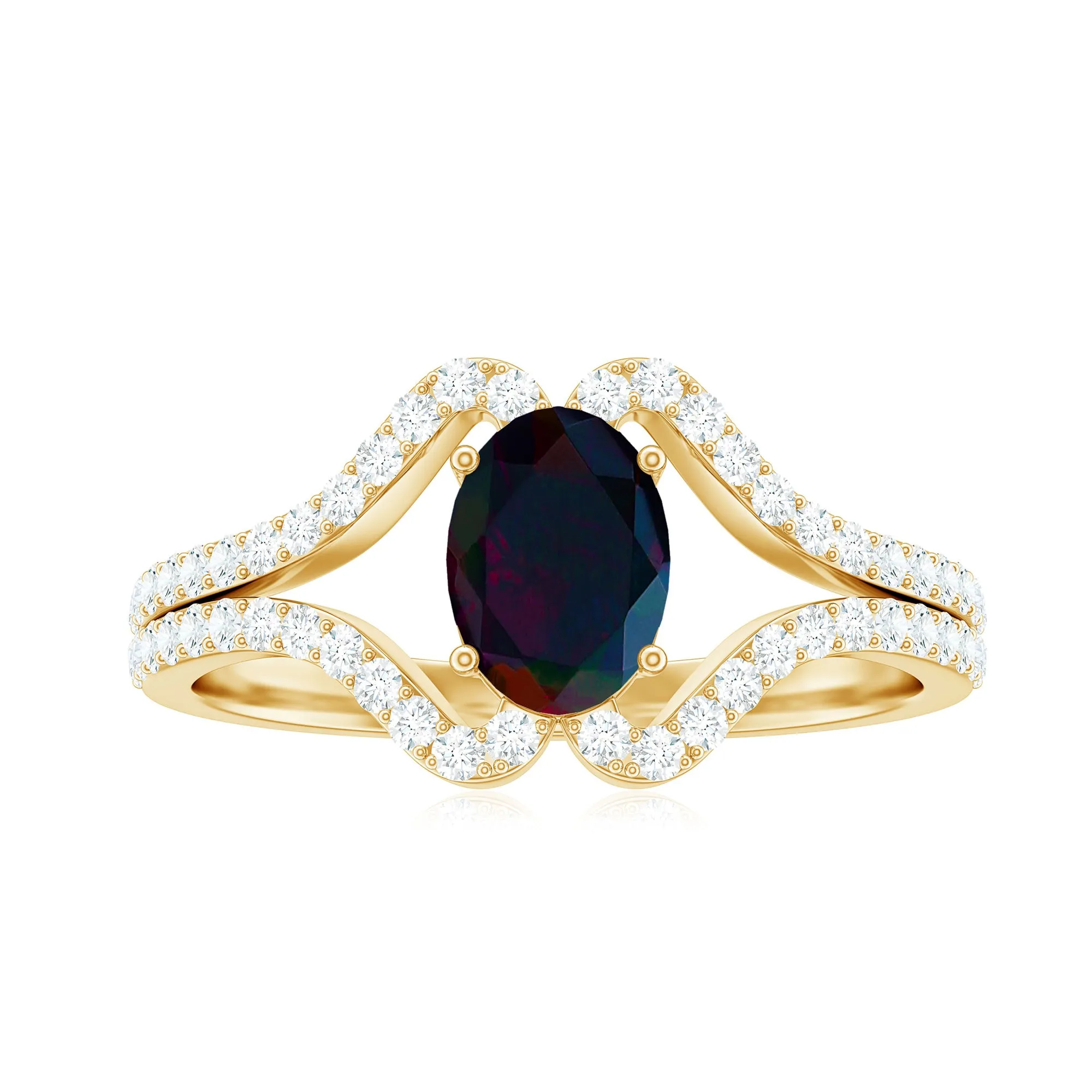 Oval Cut Black Opal and Diamond Split Shank Engagement Ring