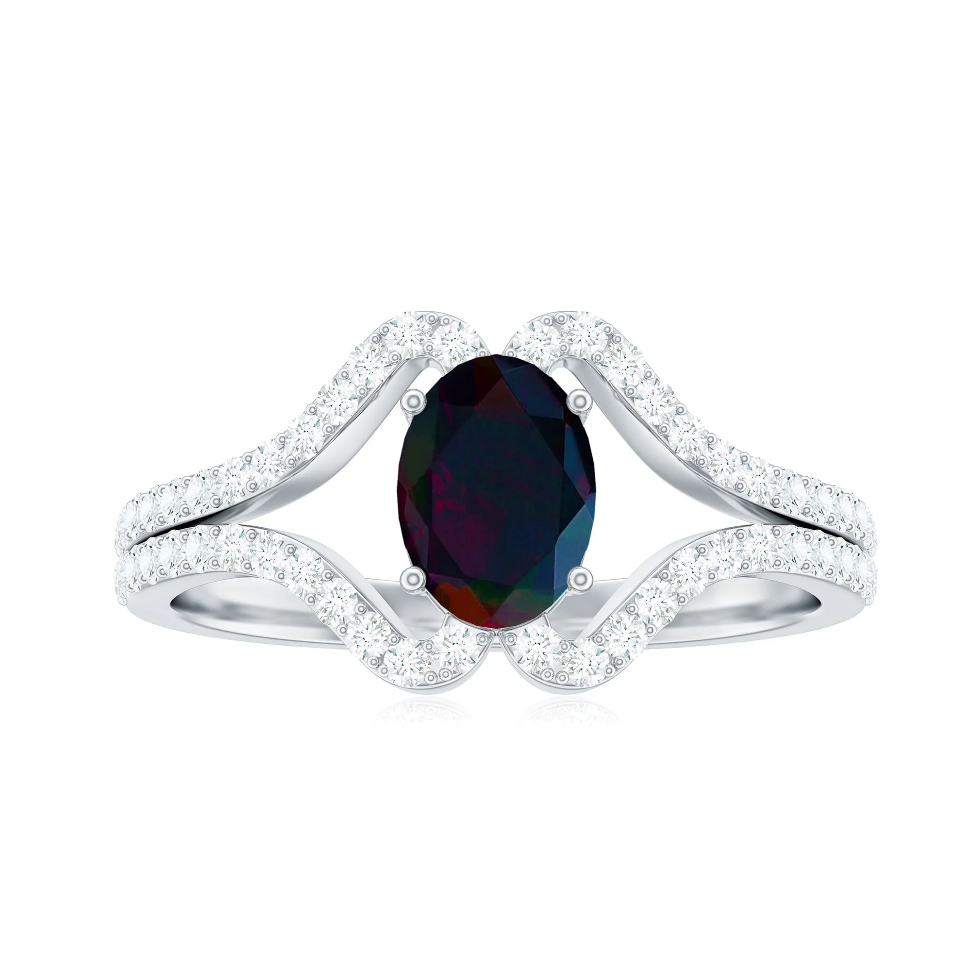 Oval Cut Black Opal and Diamond Split Shank Engagement Ring